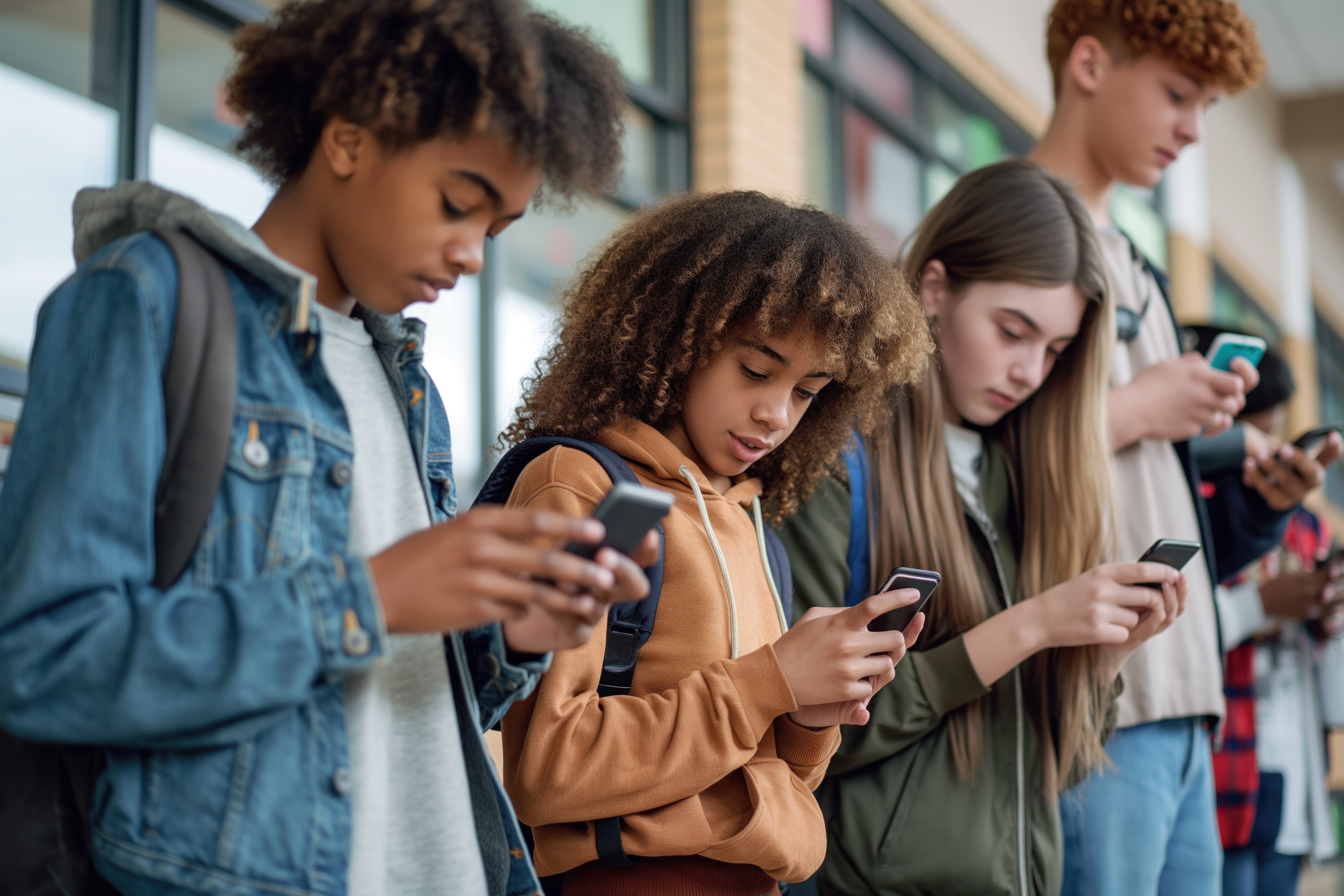 Des adolescents regardent tous leur telephone