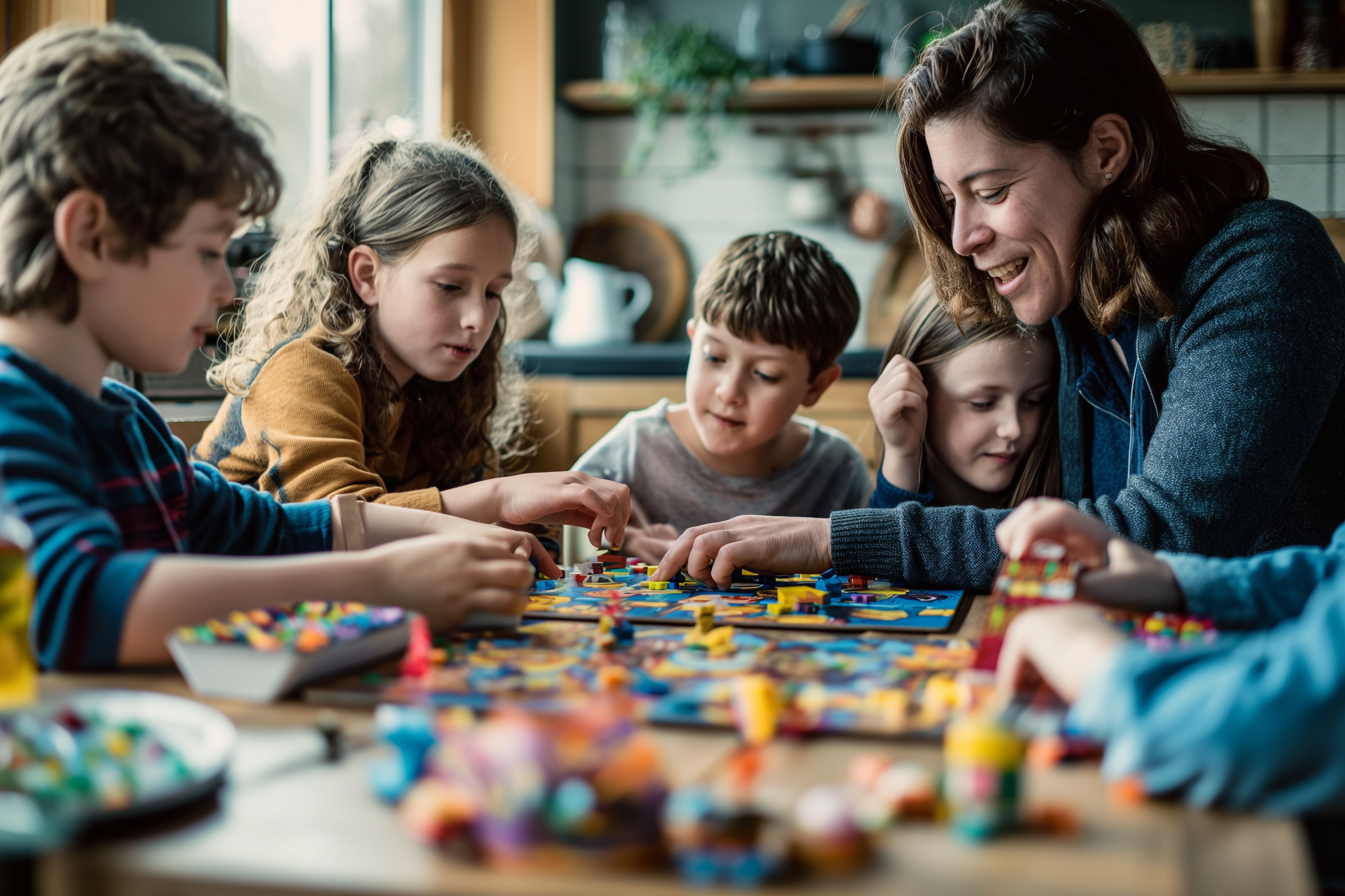 Une mere et ses enfants jouent à des jeux de société