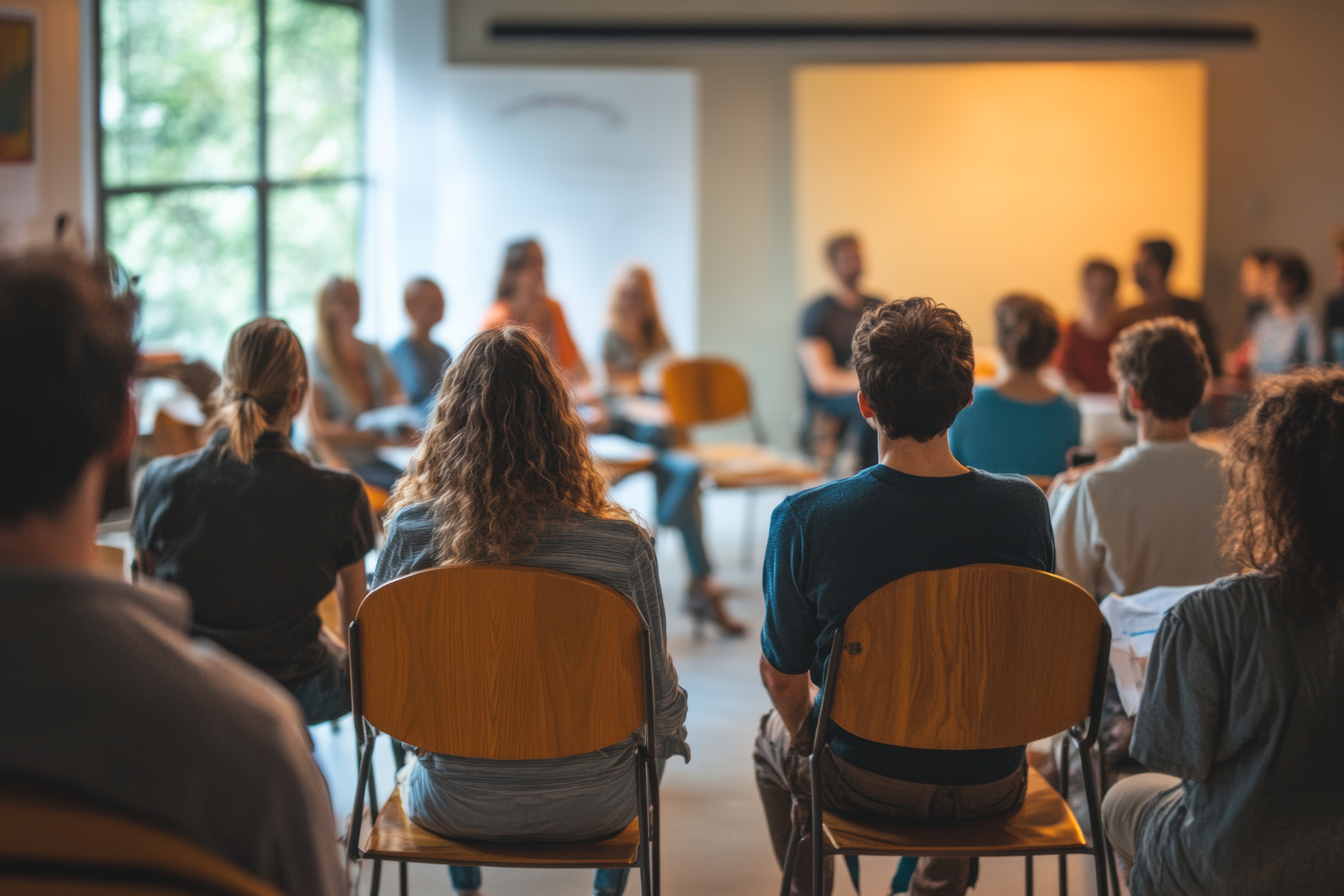 Débat avec des adultes assis sur des chaises en rond