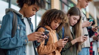 Des adolescents regardent tous leur telephone