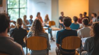 Débat avec des adultes assis sur des chaises en rond